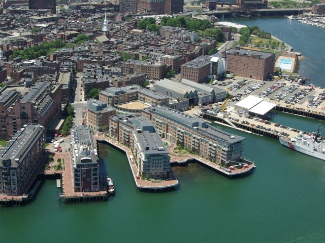 Arieal view of Battery Wharf Hotel and cruise 